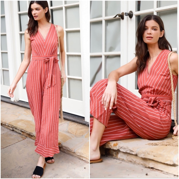 SUGAR + LIPS  Boho Chic Light Rust Striped Jumpsuit - Picture 2 of 9